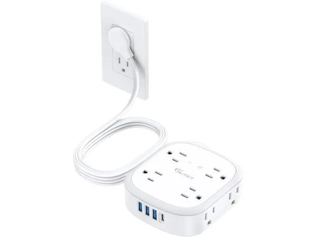 White three-sided surge protector with eight widely spaced AC outlets, four USB ports, flat 45-degree plug and five-foot cord