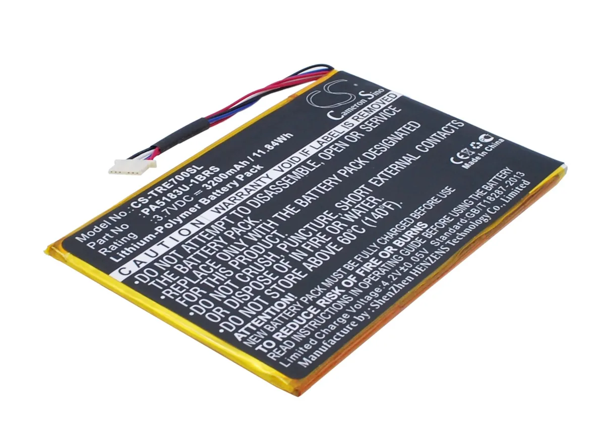 Small rectangular replacement battery, dark plastic casing, two gold contacts visible