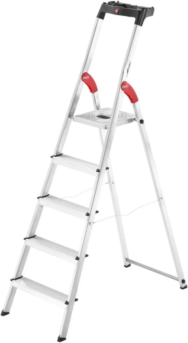 Silver aluminum five-step folding ladder with platform tray and anti-slip steps