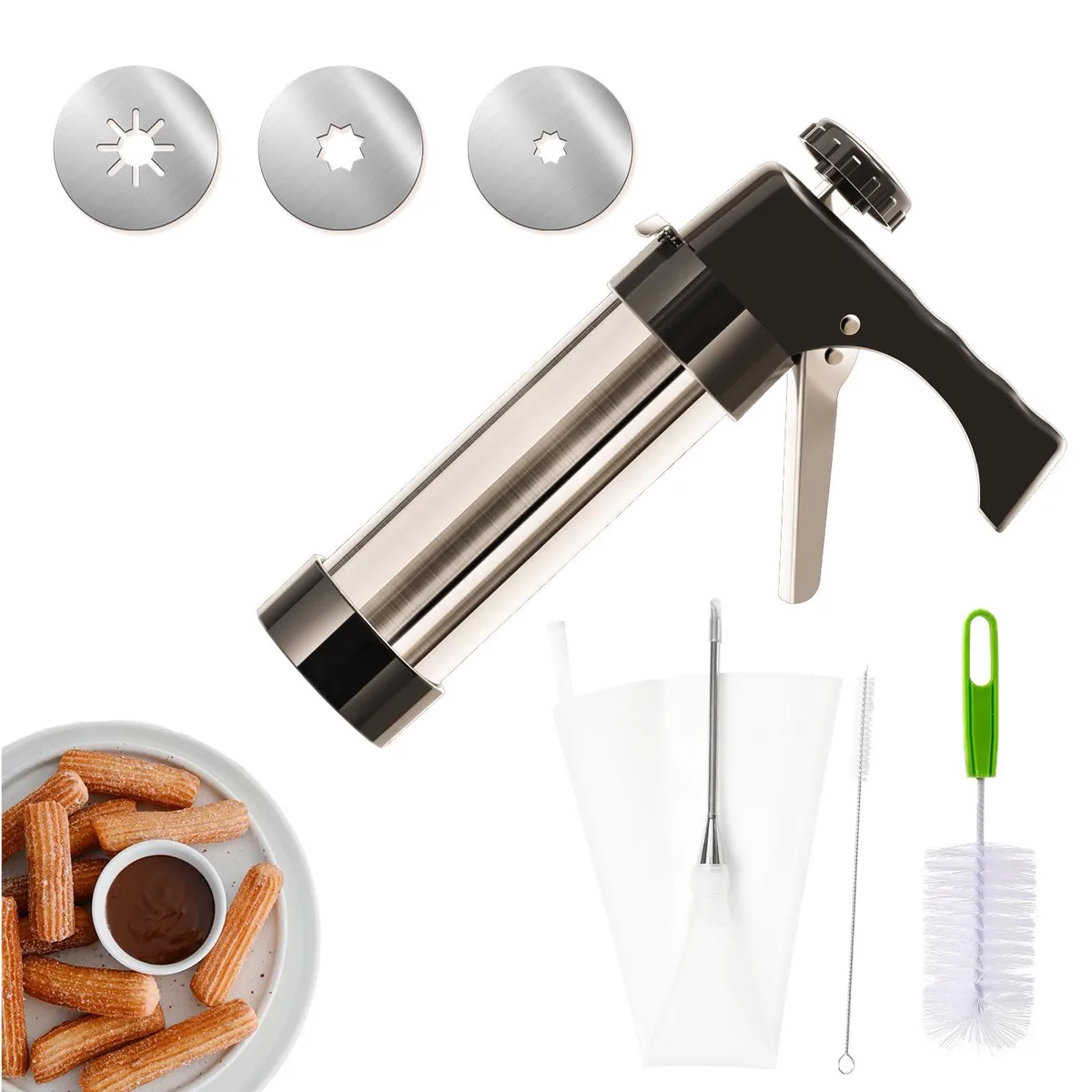 White plastic churro maker gun with three discs, piping bag and long needle, two cleaning brushes, 1.66 cup capacity