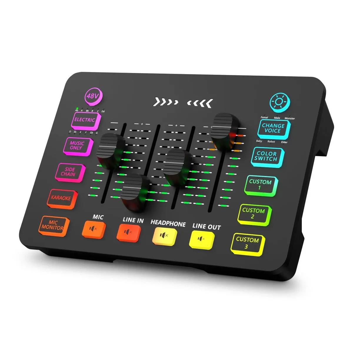  MYPIN Audio Mixer with RGB, XLR Interface, 6 Voice Modes, 48V Phantom Power — product photo