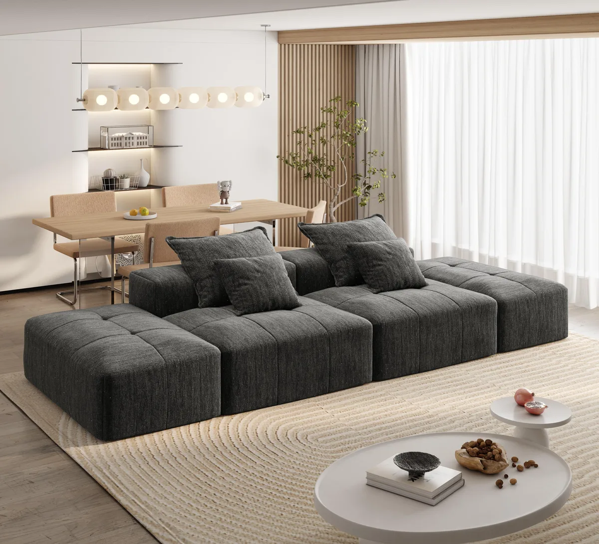 Black modular sectional sofa with two ottomans and tufted chenille fabric
