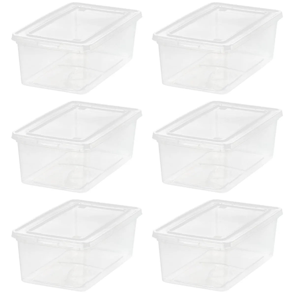 Six clear rectangular plastic bins with snap-on lids stacked together