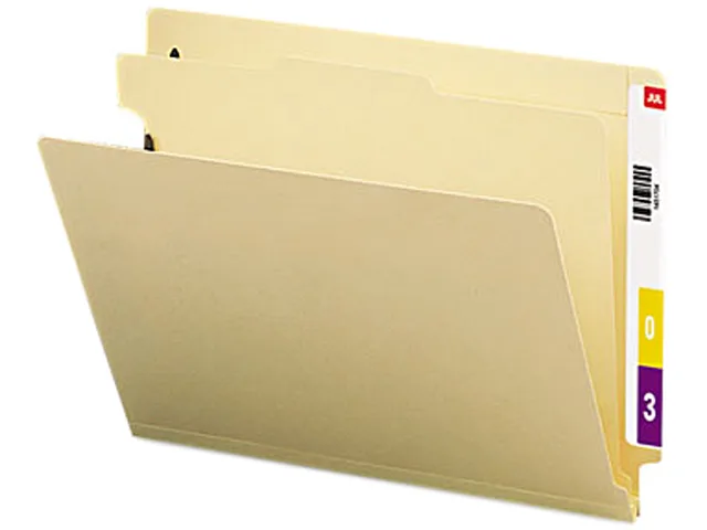 Box of ten manila end-tab classification folders with dividers