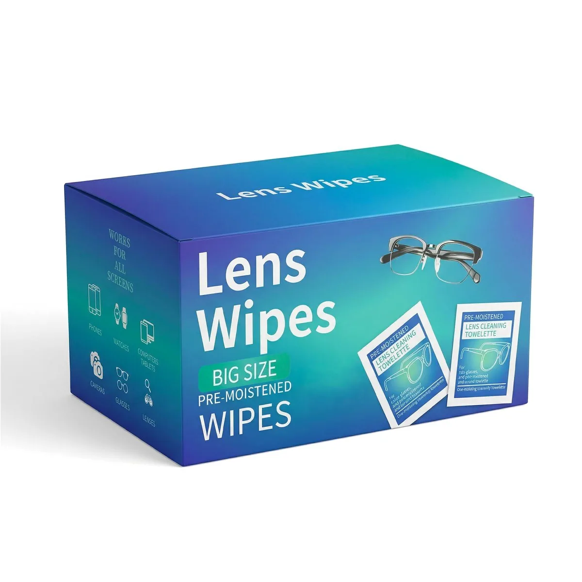 Box containing 120 individually wrapped lens cleaning wipes
