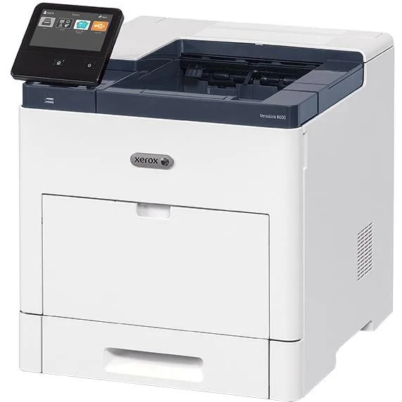 White rectangular office laser printer with front paper trays and touchscreen control panel