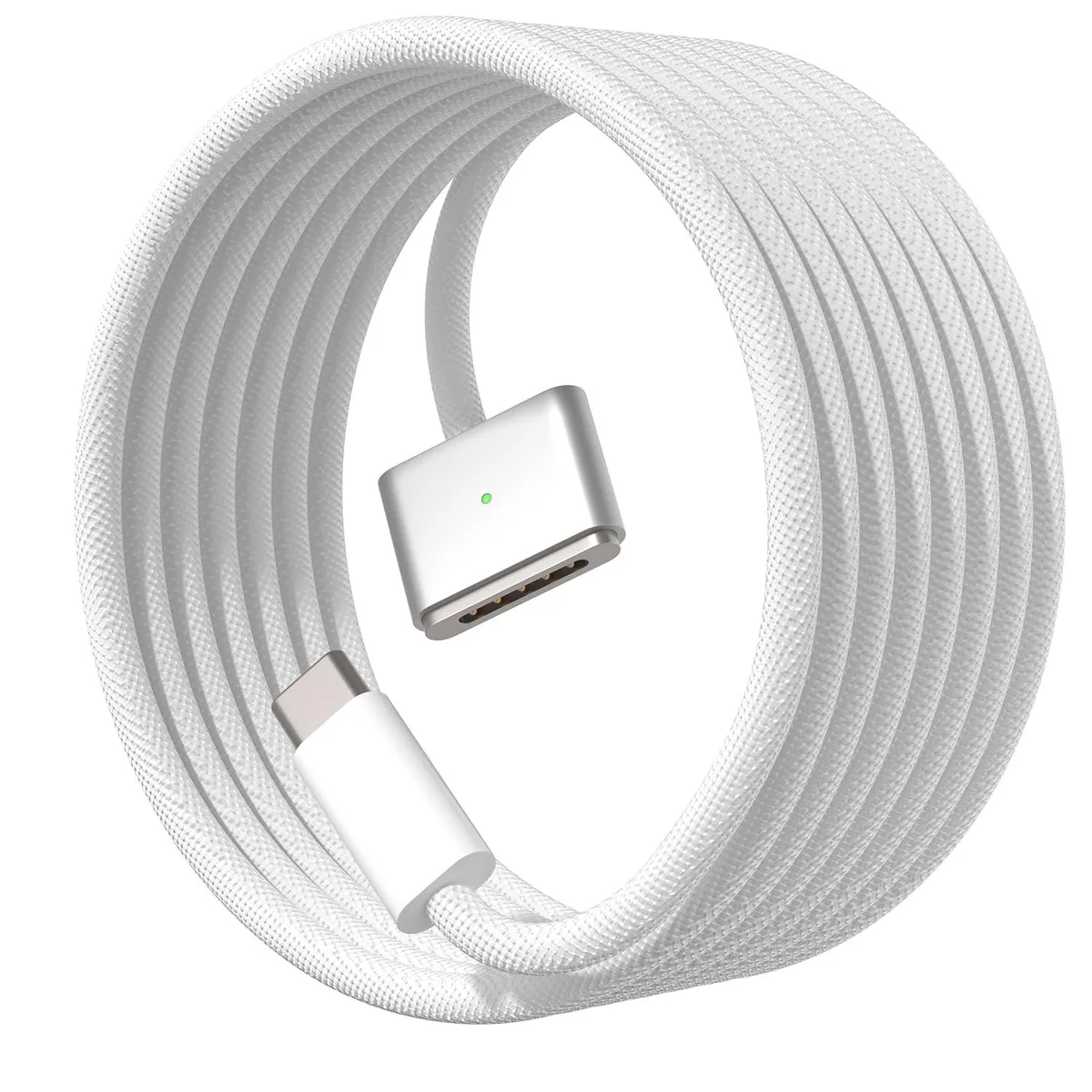 White braided USB-C cable with magnetic MagSafe 3 connector, two metre length