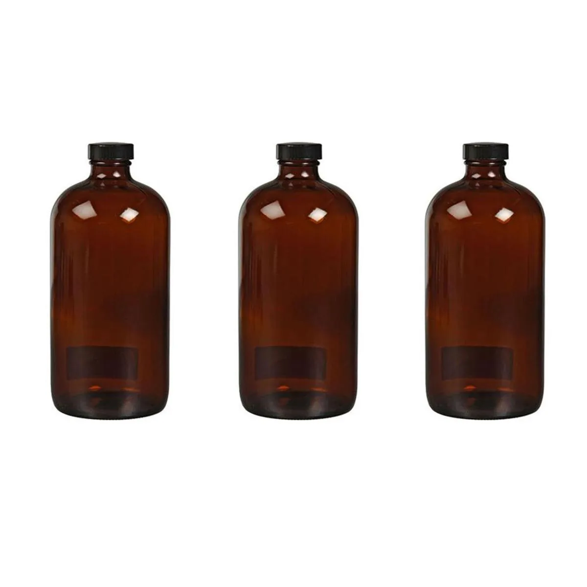 Three amber glass Boston Round bottles with narrow screw necks