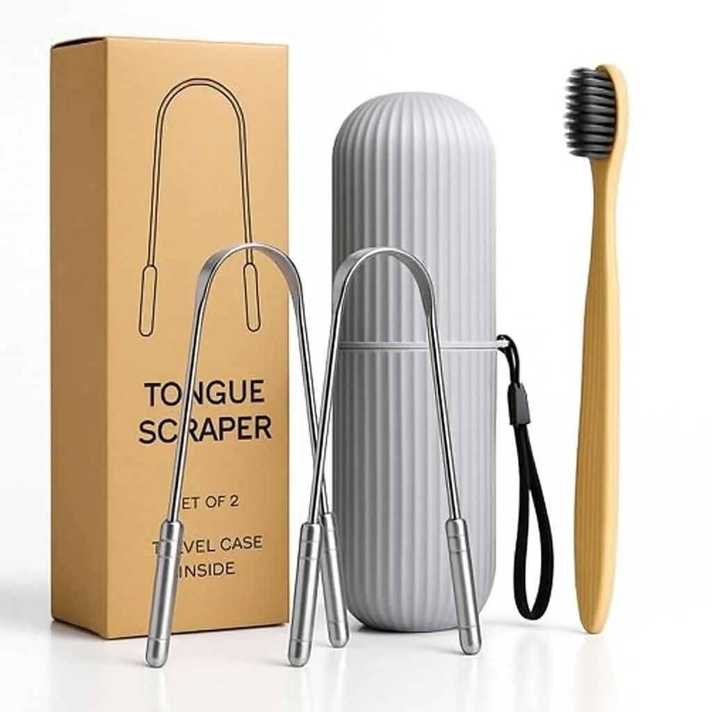 Two stainless steel tongue scrapers, bamboo toothbrush and travel case