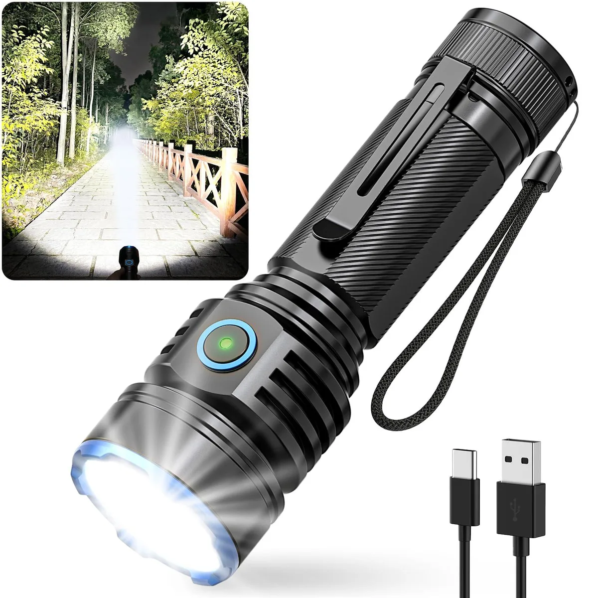 Silver aluminium flashlight, 5.27 in long, USB-C port, seven LED head
