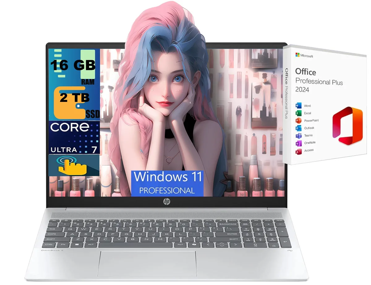 HP HP OmniBook 5 16 laptop, Ultra 7 255U, 16GB DDR4, 2TB PCIe SSD, 16" WUXGA touchscreen — product photo