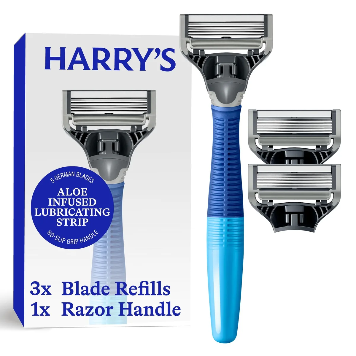 Ocean blue cartridge razor handle with rubberised matte grip and three five-blade refill cartridges