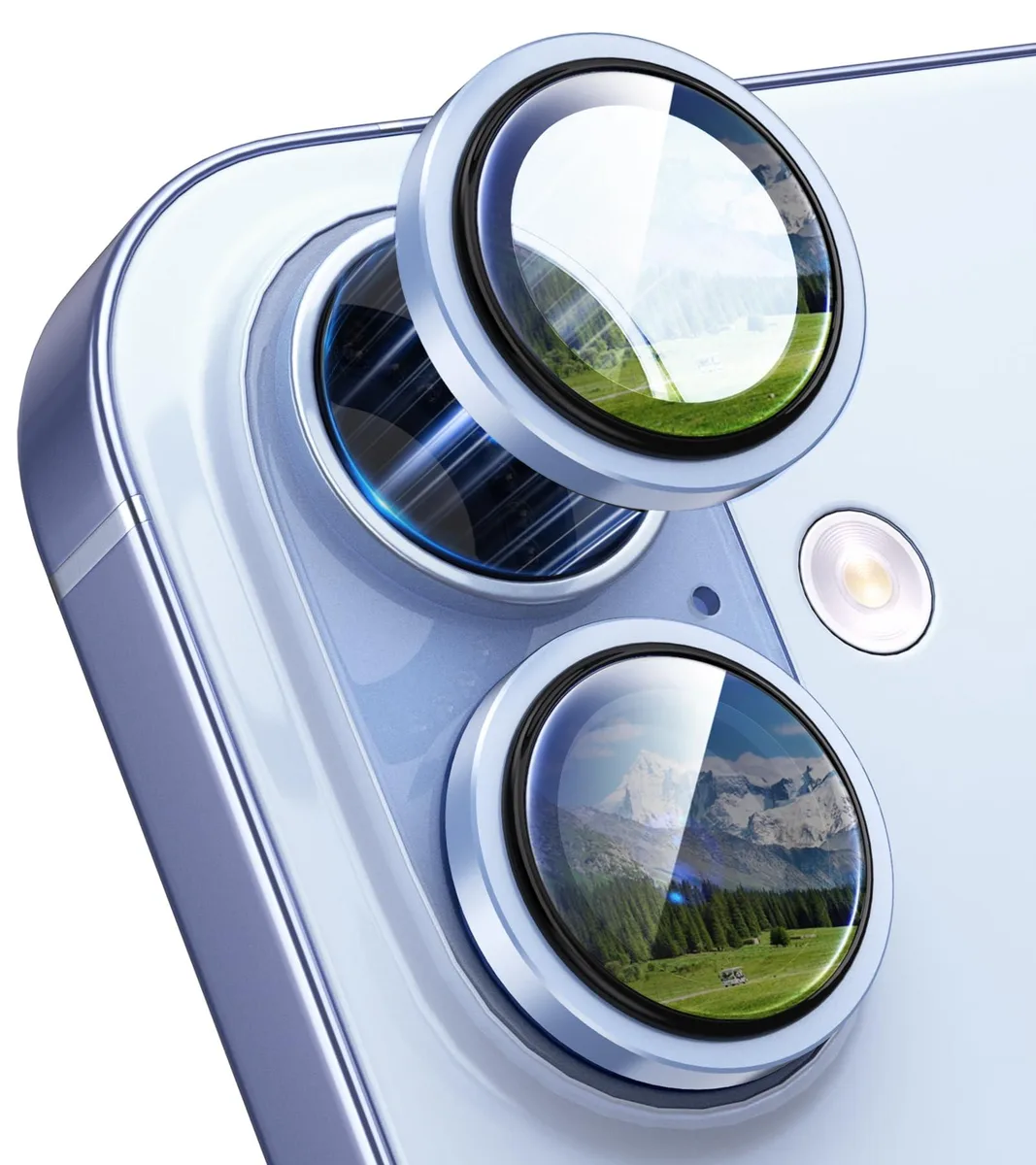 Blue tempered-glass lens protector rings for iPhone 17