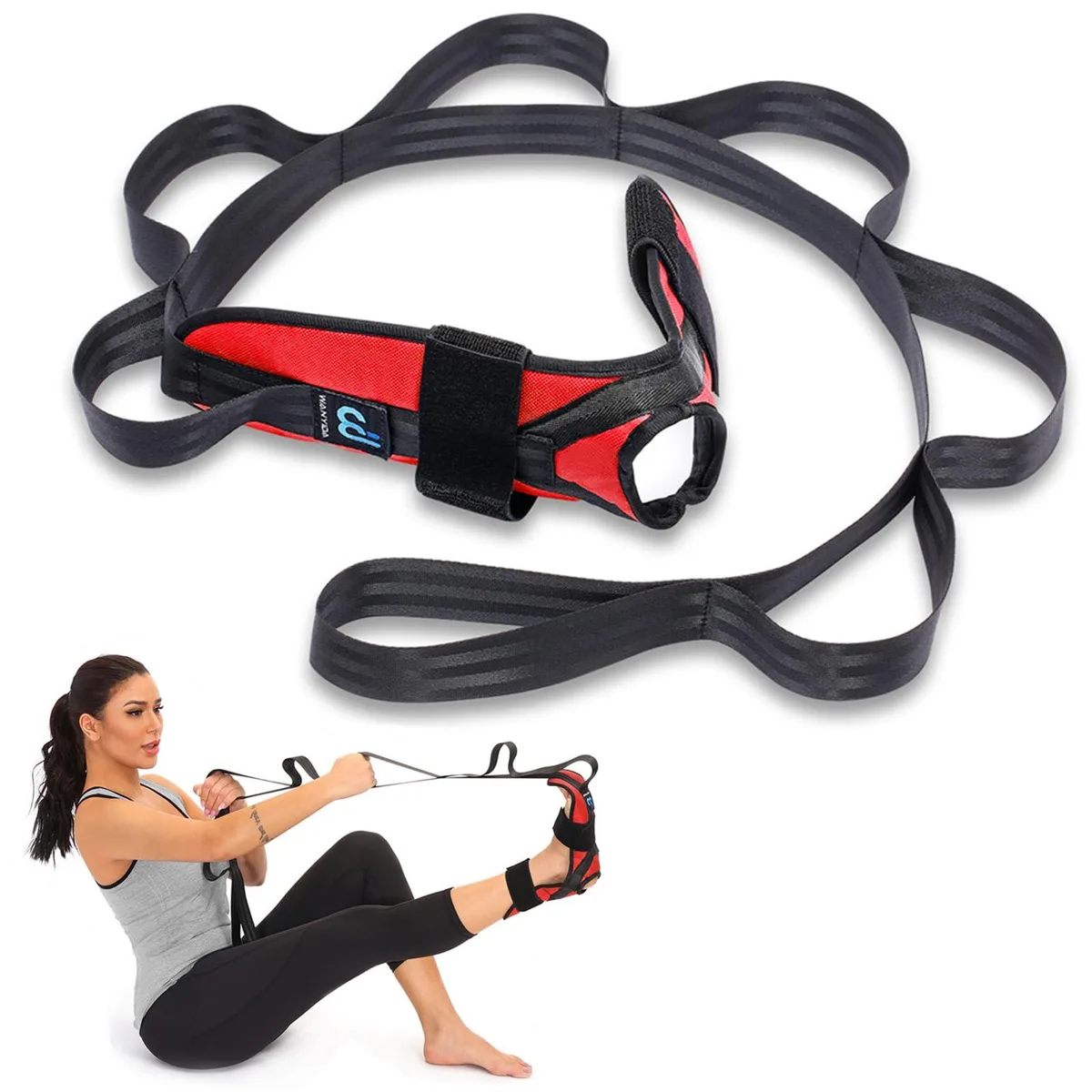 Red nylon foot and calf stretcher with multi-loop strap and hook-and-loop fasteners, small size, pack of 10