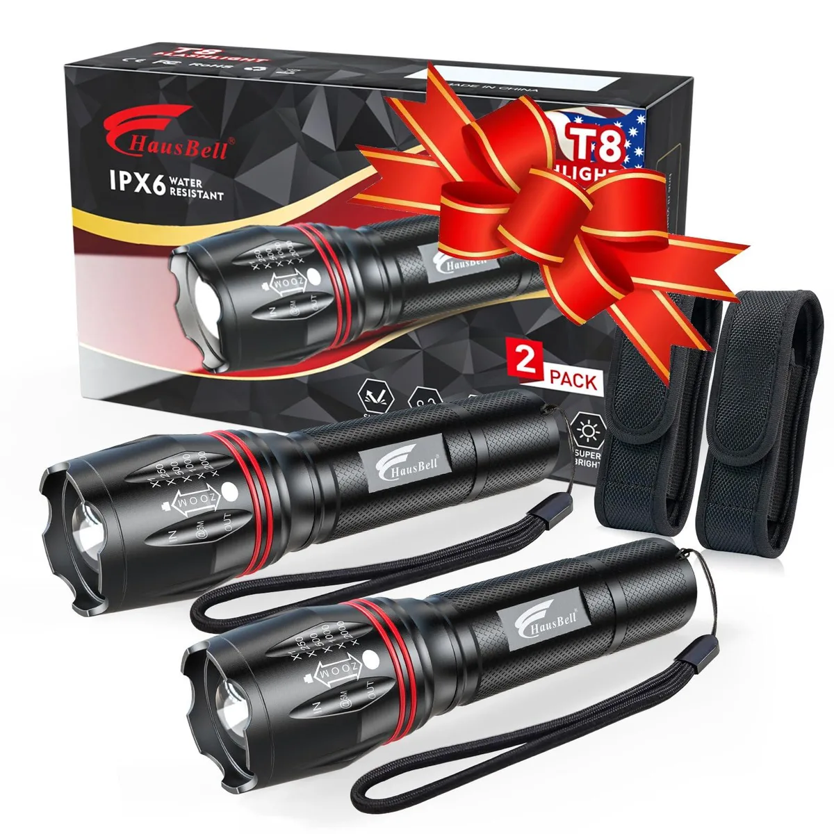 Two compact aluminium flashlights with zoom heads and lanyards