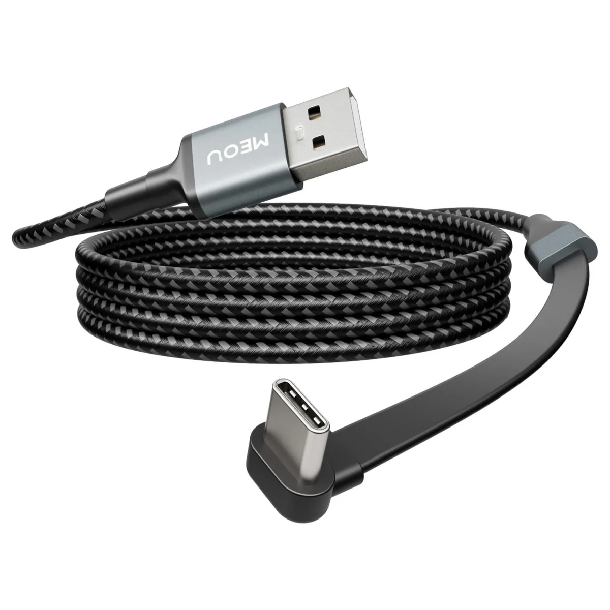 Black and grey braided USB-A to right-angle USB-C cable, 3.3 ft