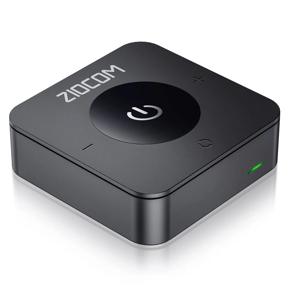 Small black Bluetooth 5.0 adapter with 3.5mm and optical ports, 450mAh battery, 20h life