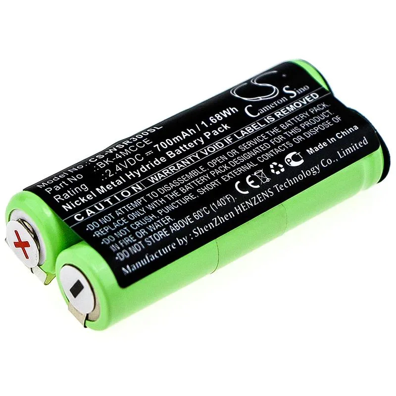 Small rectangular rechargeable battery pack, pale plastic casing with two metal contacts