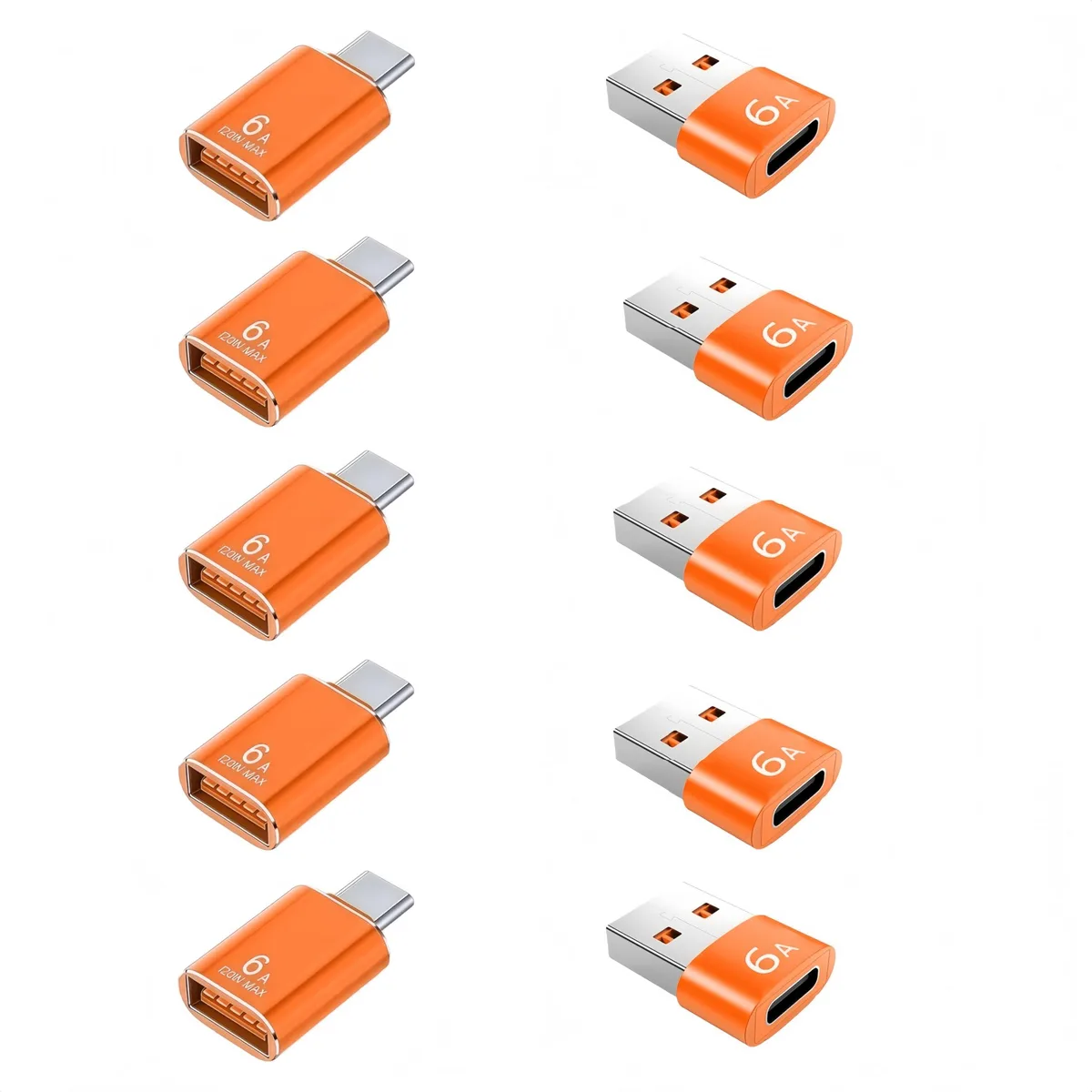 Ten orange USB adapters, five A-to-C and five C-to-A, in a pack