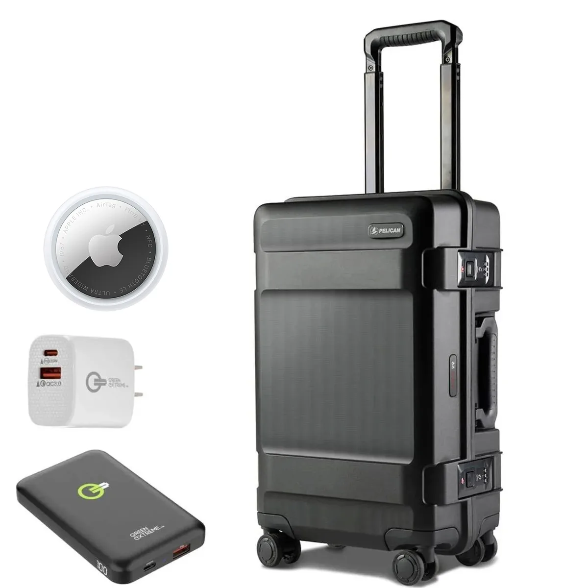 Pelican Products, Inc. Pelican ATX 22" Waterproof Wheeled Carry-On Hard Case Black Bundle AirTag Power Bank Wall Charger — product photo