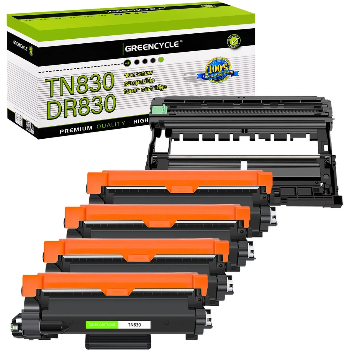 Four black toner cartridges and one drum unit in a box