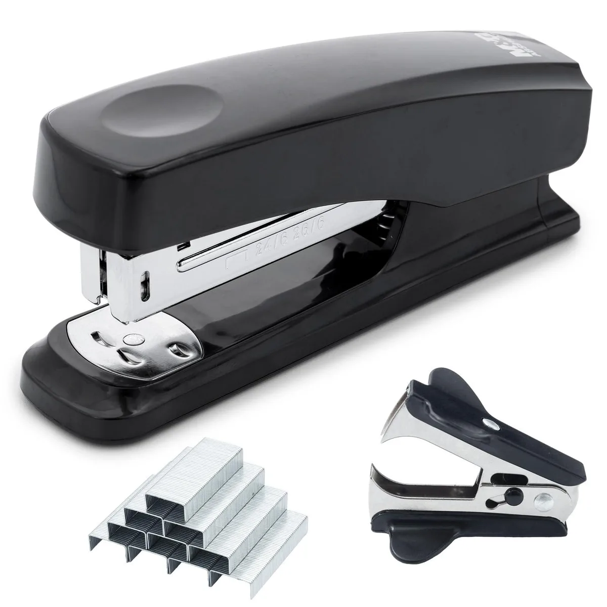 Black desktop stapler with metal body, non-slip base, 1000 staples and remover included