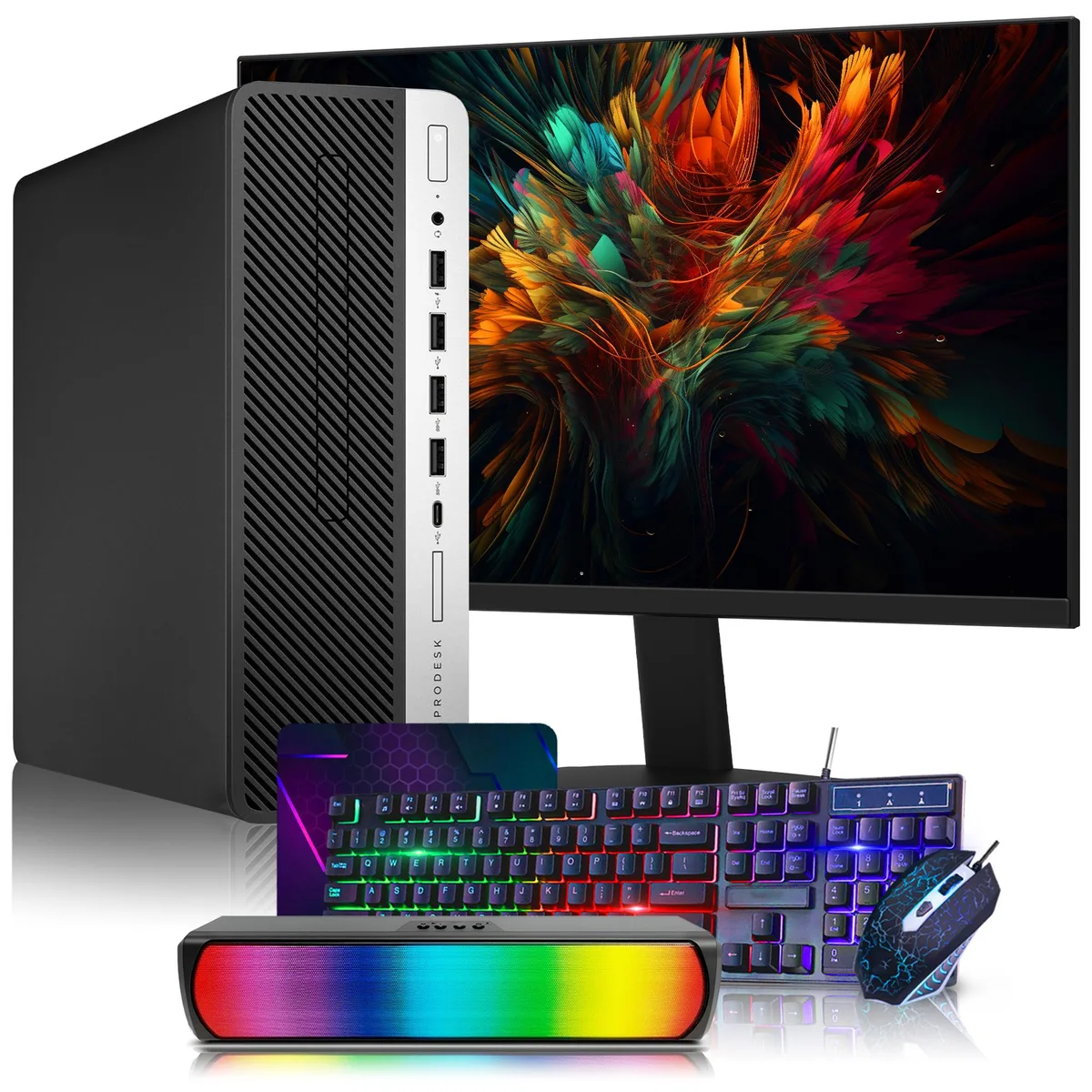 HP HP ProDesk 600 G4 SFF desktop PC i5-8500 32GB DDR4 1TB SSD 24" monitor RGB sound bar — product photo
