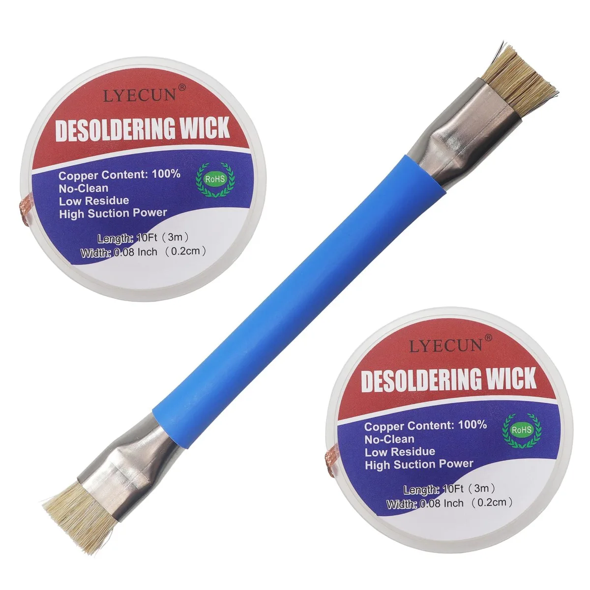 Two copper braid rolls and a dual-ended anti-static brush