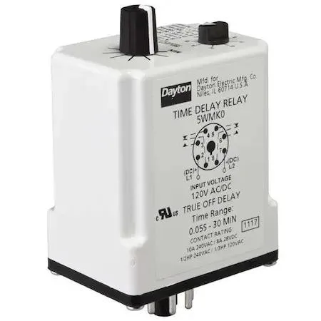 Dayton 24EP46 octal time delay relay, enclosed grey housing with eight flat pins