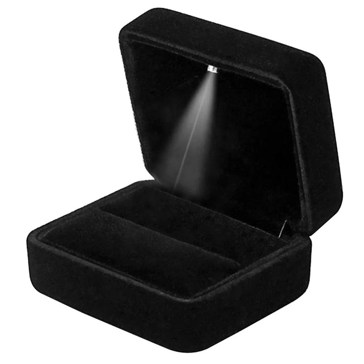 Black velvet ring box with LED light, silver finish, pocket-sized