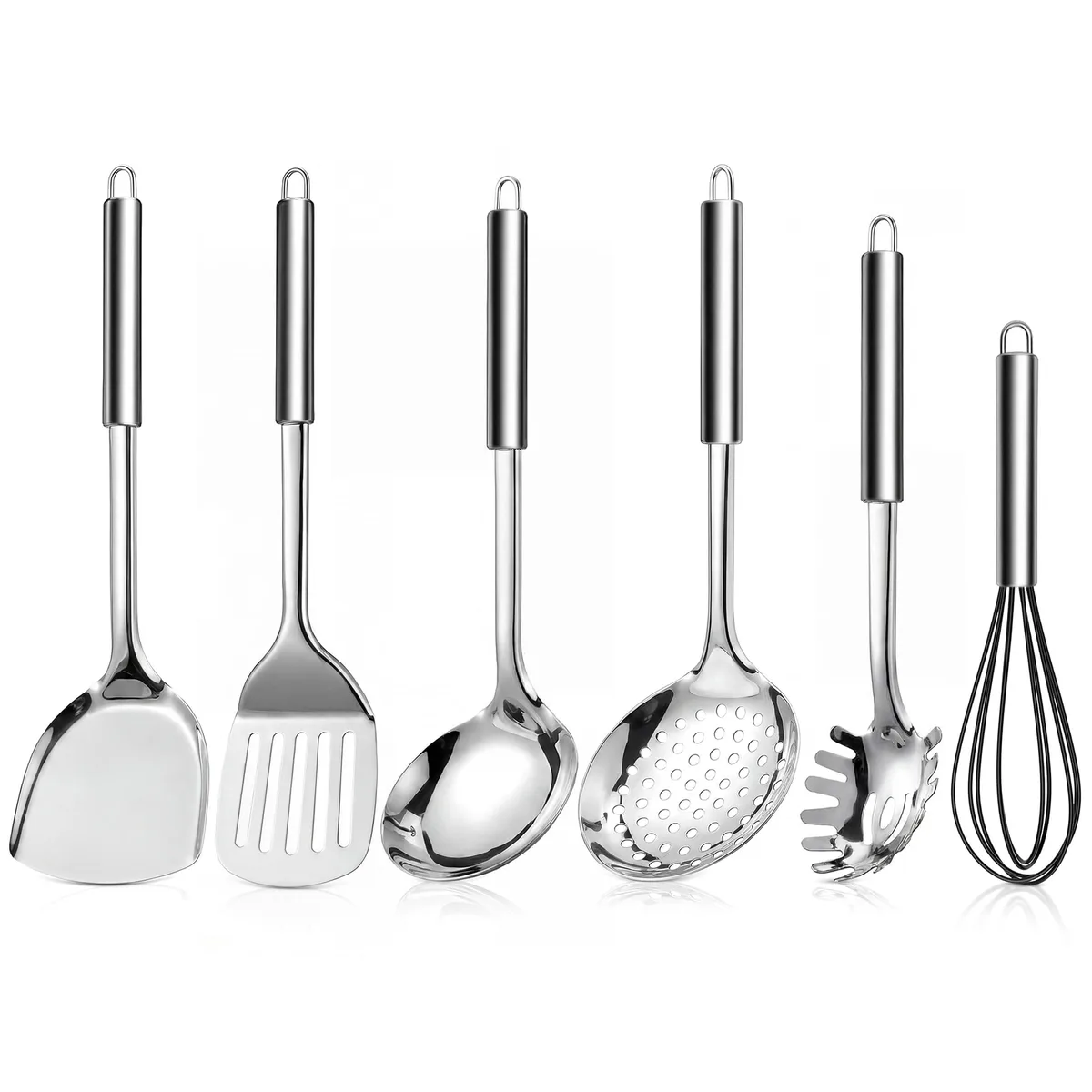Six stainless steel kitchen utensils with long handles and hanging holes, silver mirror finish