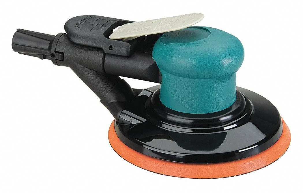 Silver pneumatic random orbital sander with vinyl hook-and-loop pad, palm grip, rear exhaust