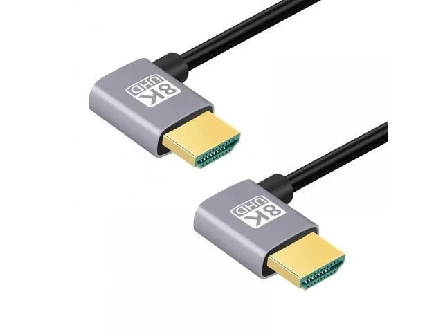 Short 50cm HDMI 2.1 cable with dual left 90 degree angled plugs, ultra thin flexible black jacket