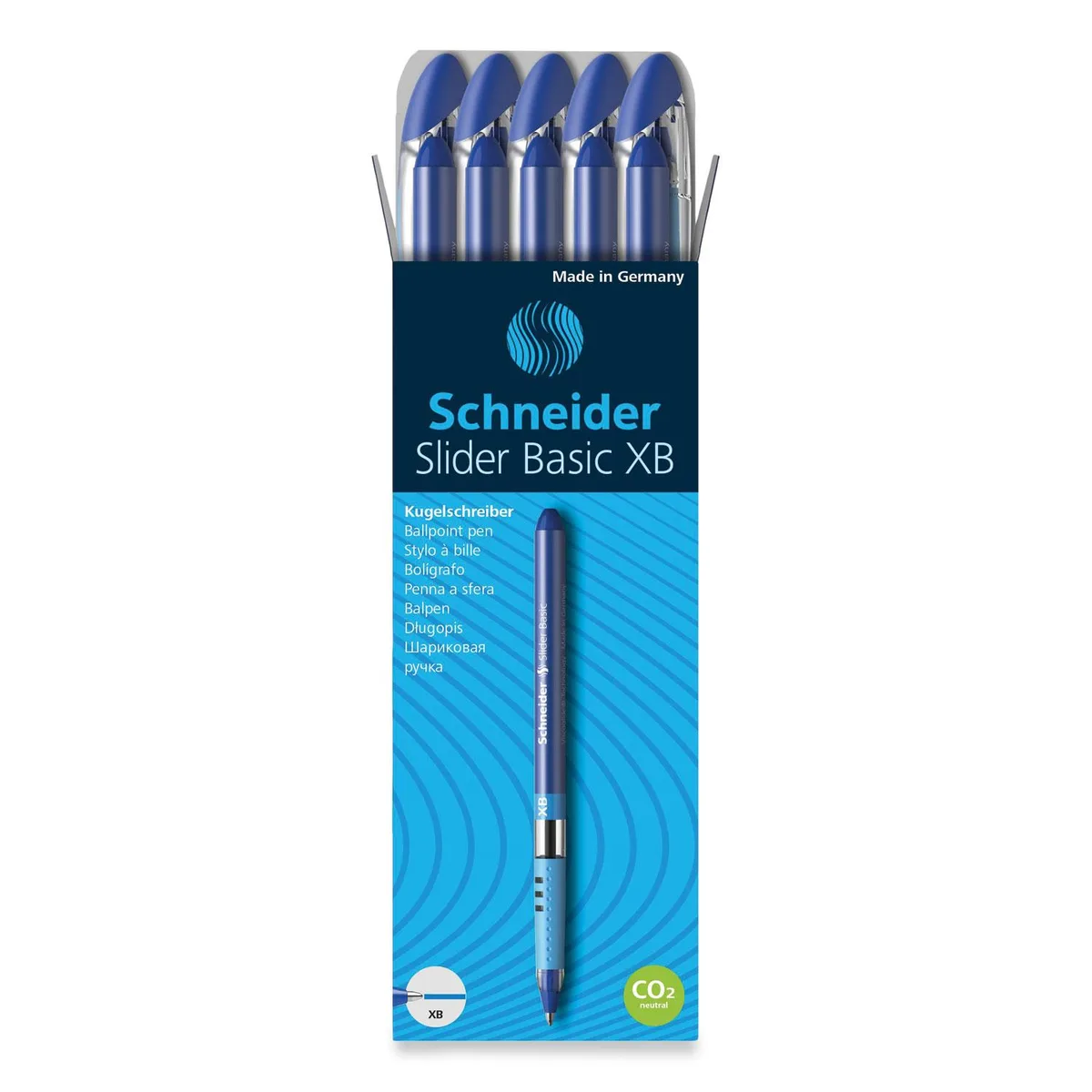 Blue stick ballpoint pen with rubber grip and clear cap clip
