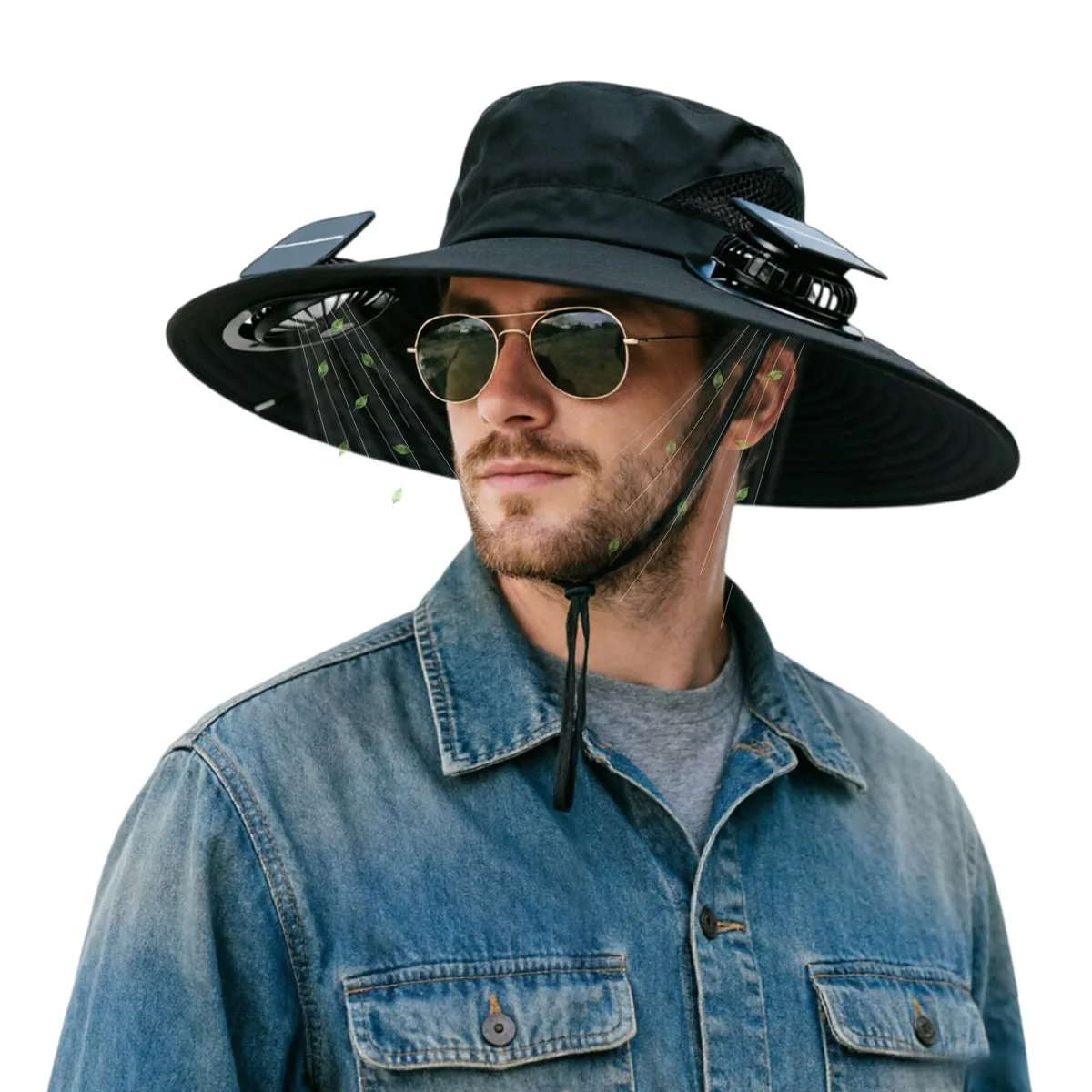  Solar Fan Hat Black UPF 50+ Dual Fan USB Solar Powered — product photo