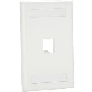 White single-gang Mini-Com faceplate with label and cover