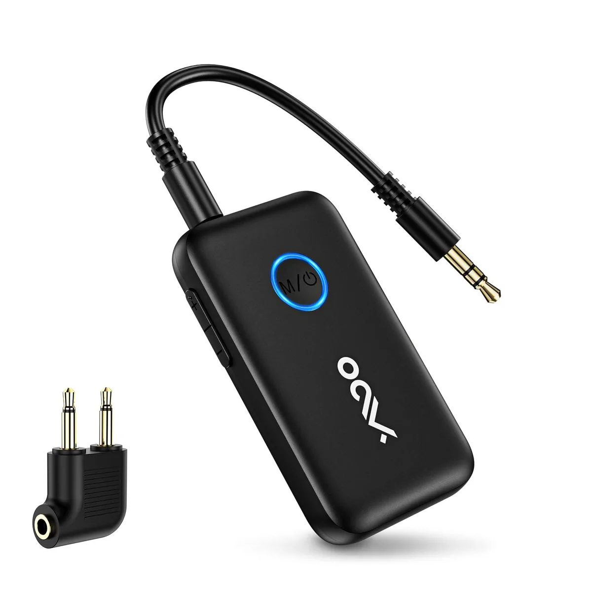 Small black rectangular Bluetooth adapter with 3.5mm aux port and volume buttons
