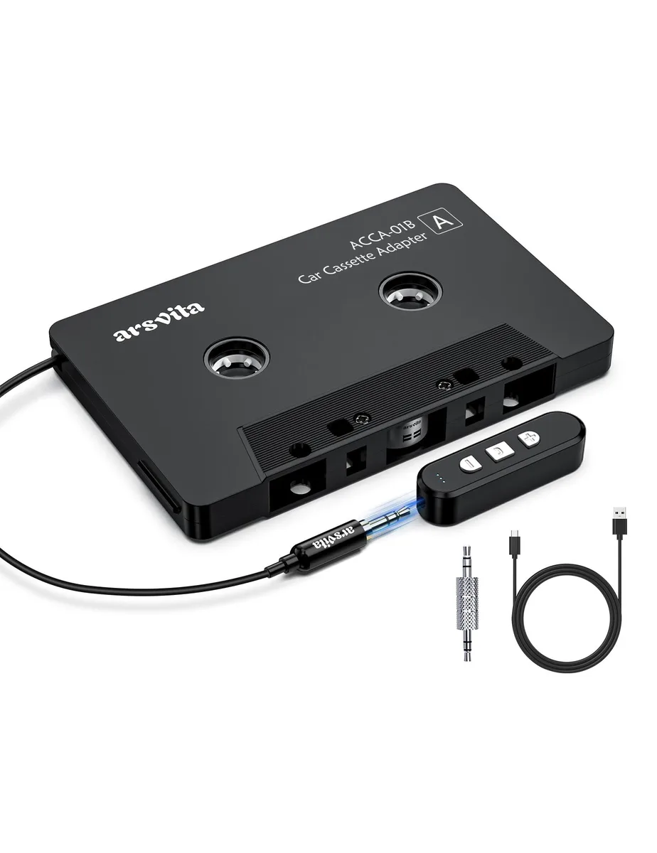 Black cassette-shaped Bluetooth 5.1 receiver kit with 3.5 mm aux cable