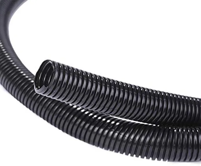 Black split wire loom tubing coiled, 25 feet long, half-inch inner diameter, polyethylene construction