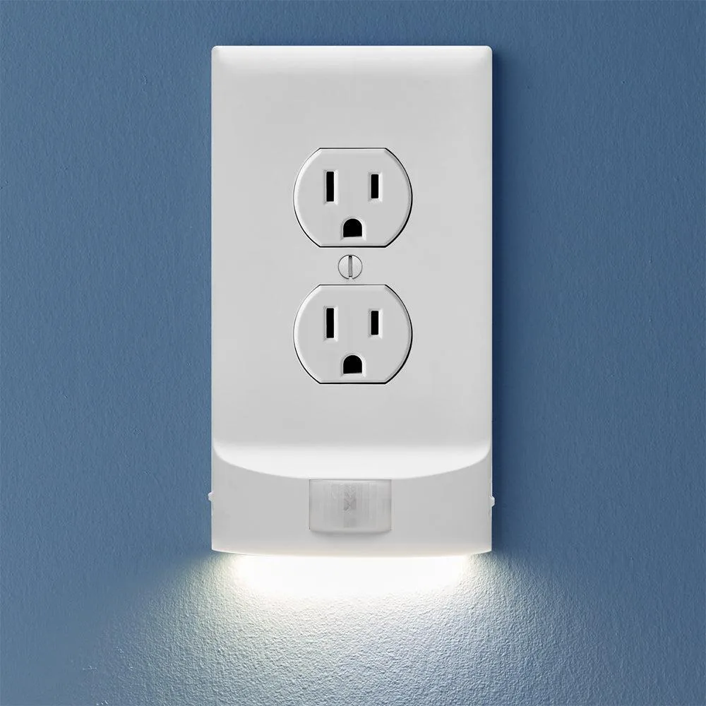 White duplex outlet cover plate with built-in LED night light and motion sensor