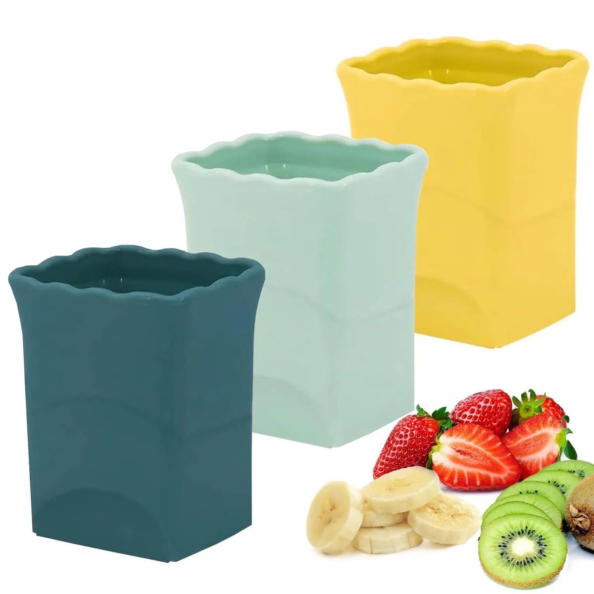 Three small cup-shaped slicers in assorted colours, each with a stainless steel blade grid inside a polypropylene body
