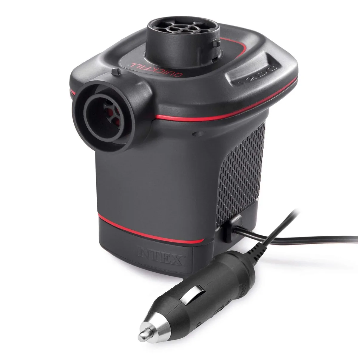 Compact black plastic 12V DC electric pump with three nozzles 12.5 by 14.3 by 14.7 cm