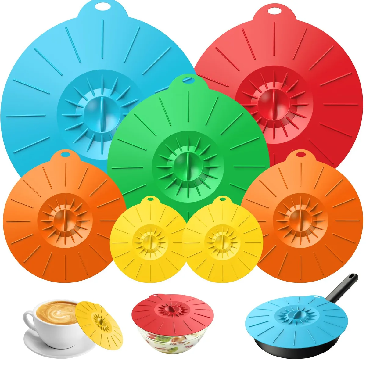 Seven colourful silicone bowl lids in various sizes with hanging loops
