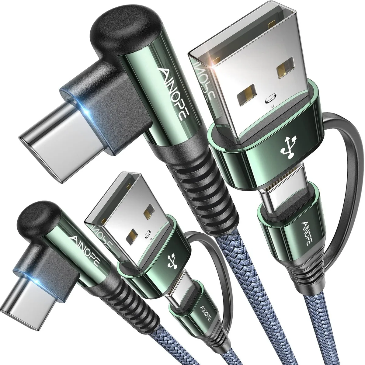 Two grey braided USB-C cables with right-angle connectors and USB-A adapters