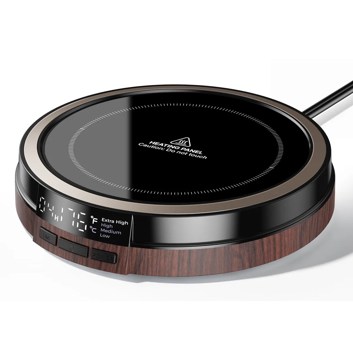  Bearwind S35 mug heater 50W 120V 125-176°F 12h timer dark wood — product photo
