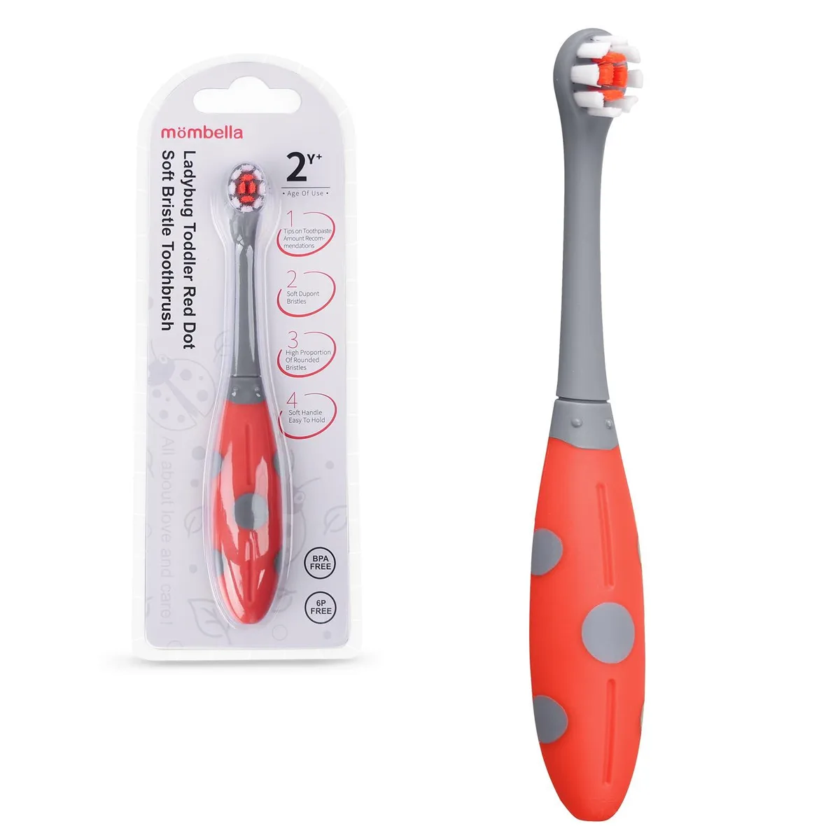 Red ladybug-shaped toddler toothbrush with soft bristles and ergonomic handle