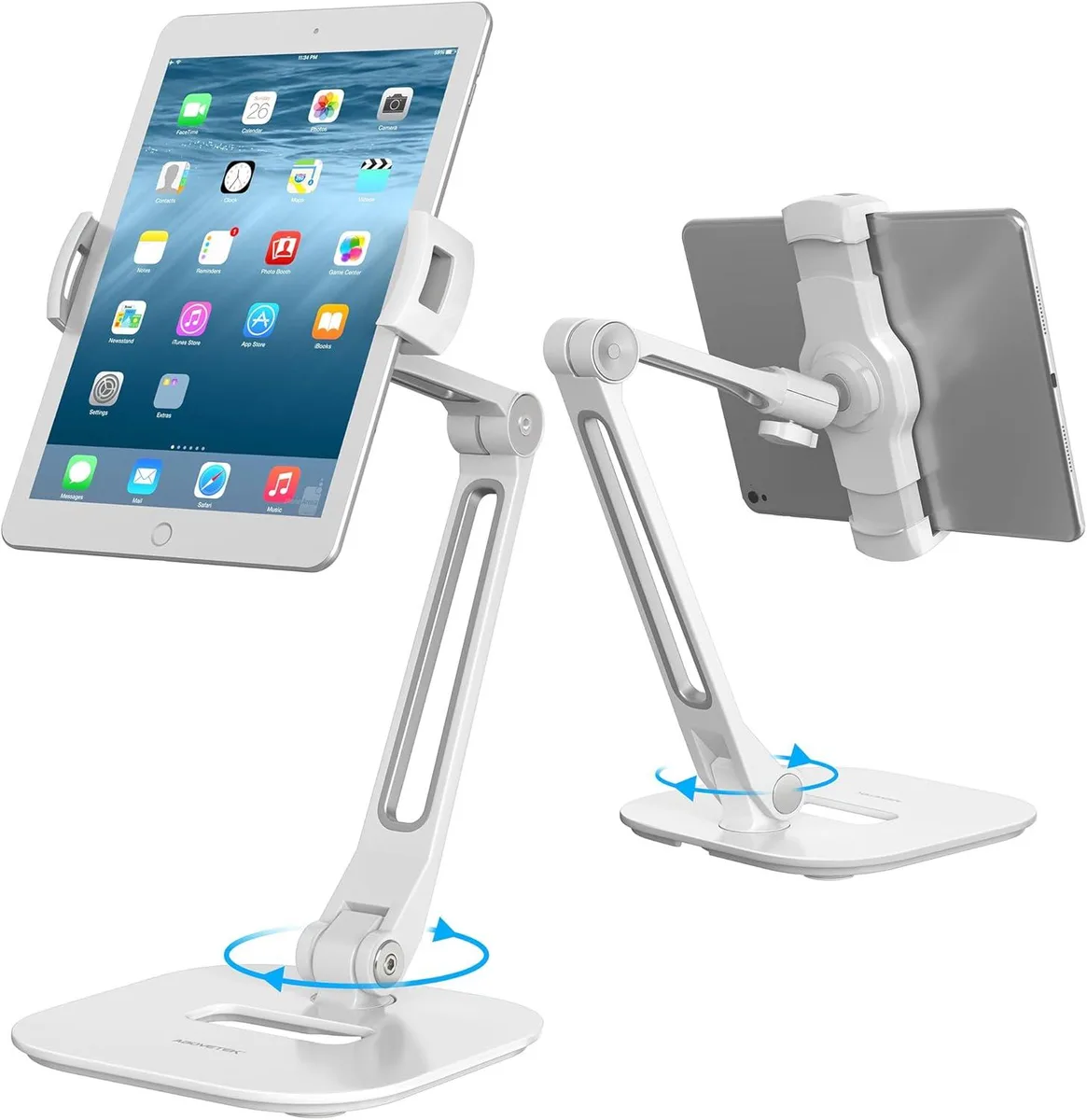 White aluminium tablet stand with long articulated arm, 360-degree rotating clamp holder, rubber-padded grips, weighted base