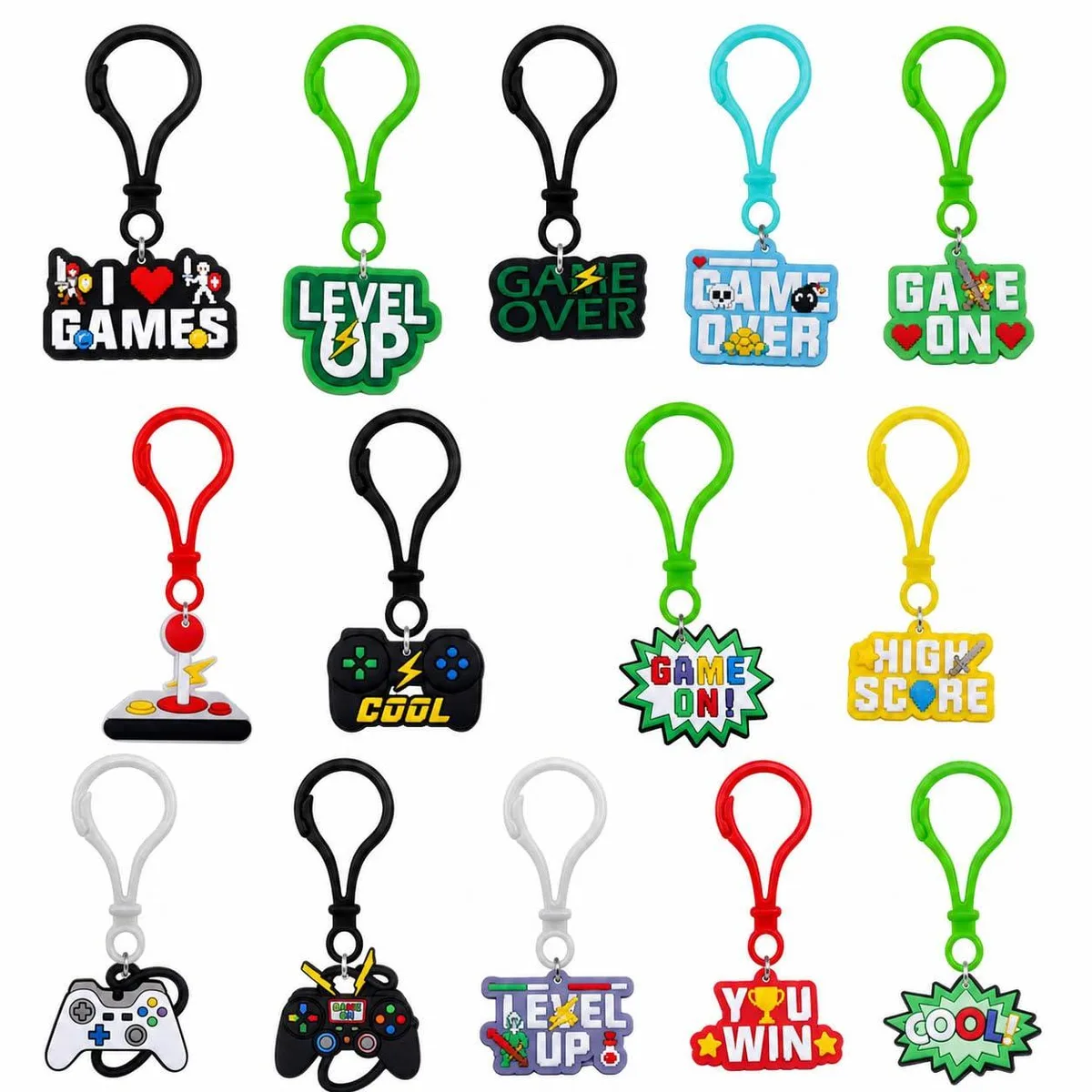 Set of 14 multicolour gamer-themed keychain charms with controllers and slogans