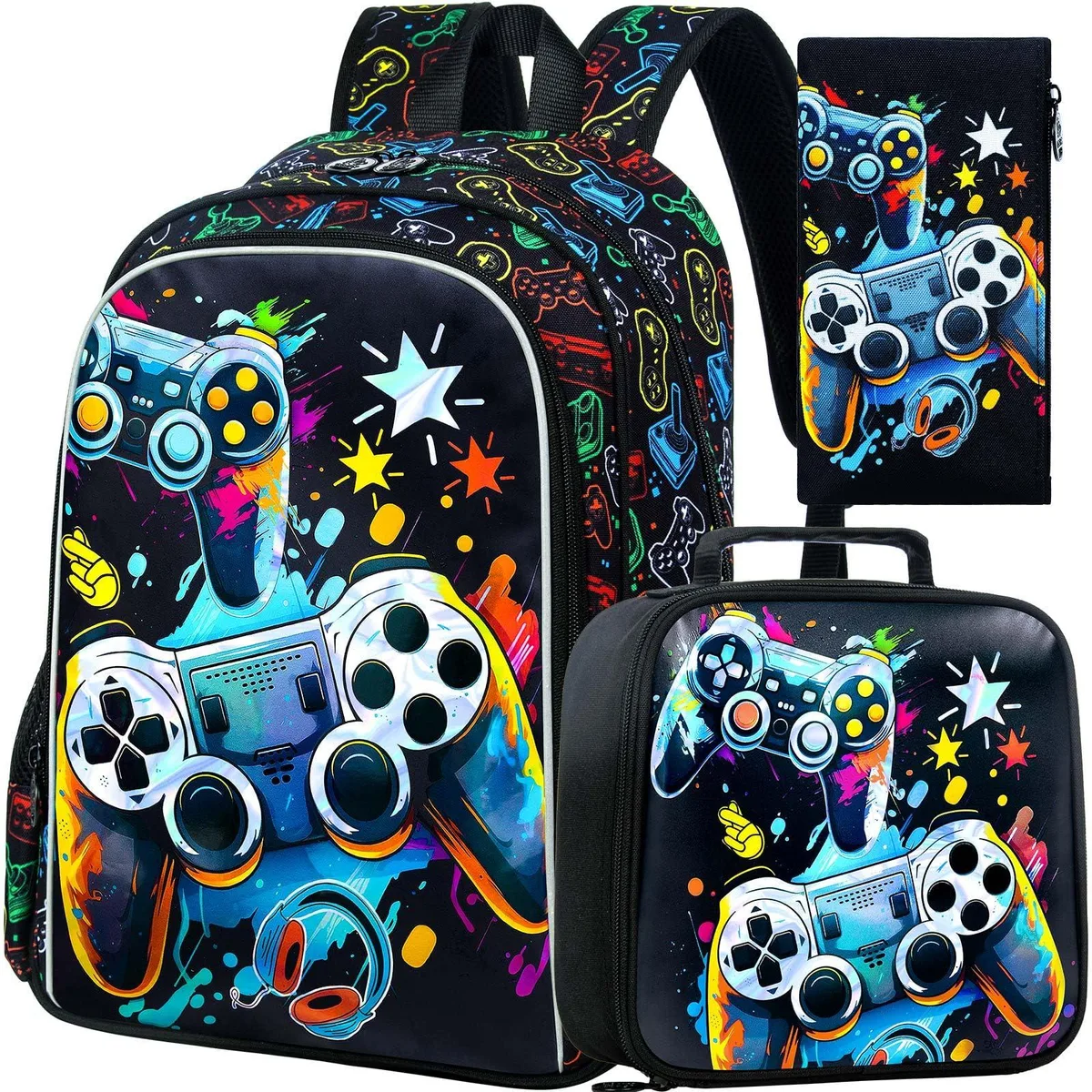 Three-piece 16-inch game console backpack set with matching lunch box and pencil case