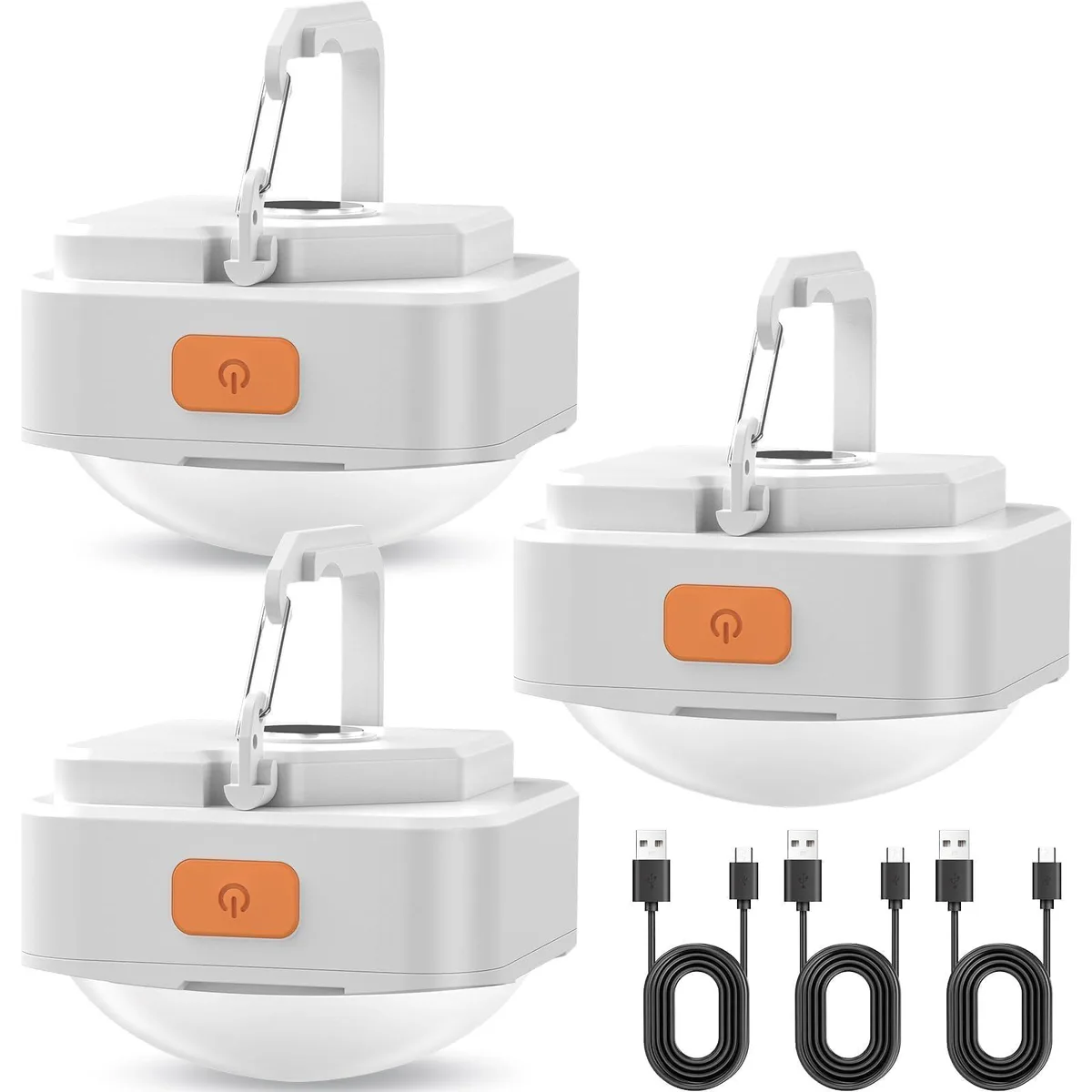 Three black cube-shaped LED flashlights with magnetic bases and foldable hooks